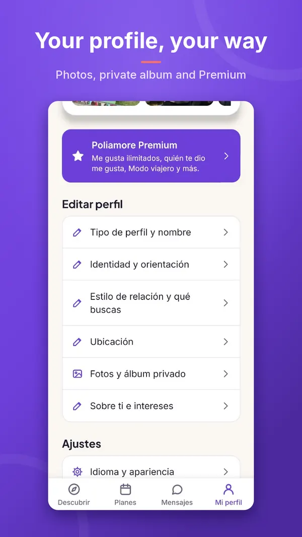 Votre profil, à votre façon : modification du profil, photos, album privé et accès à Premium.