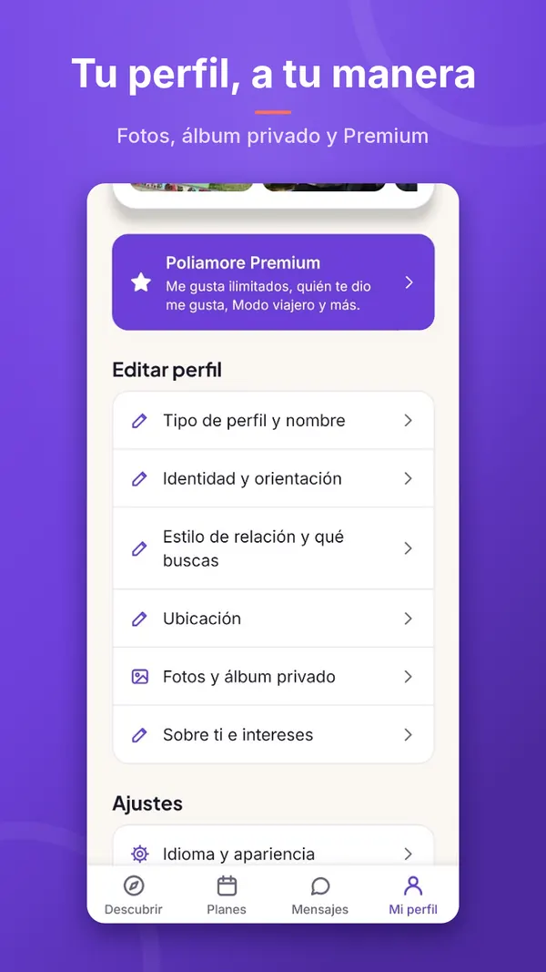 Tu perfil, a tu manera: edición de perfil, fotos, álbum privado y acceso a Premium.